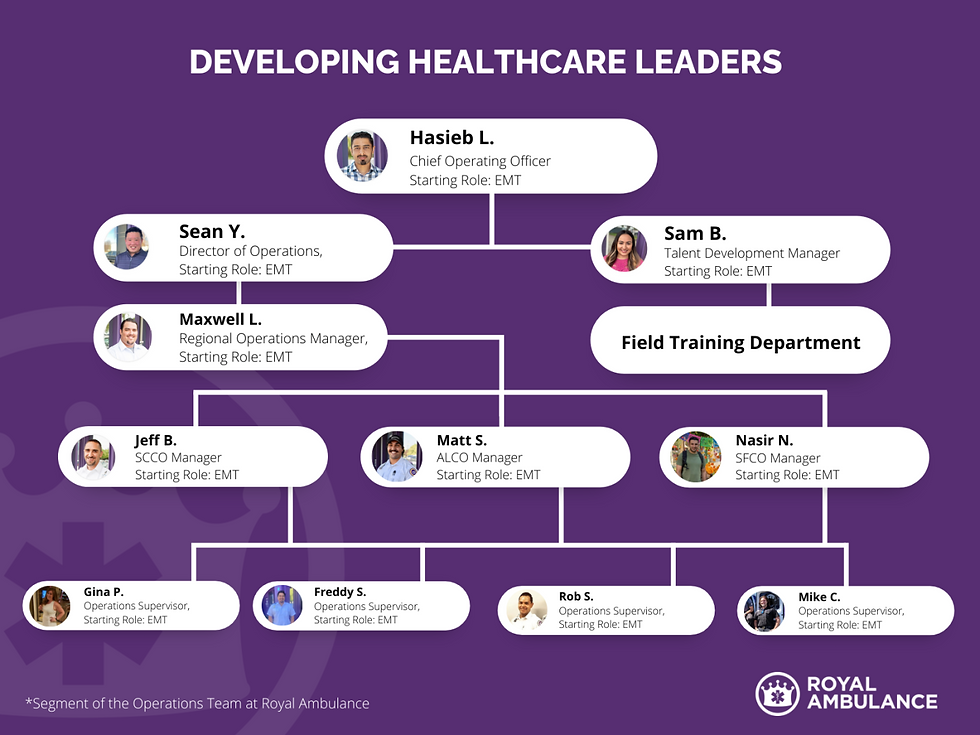 Organizational chart displaying the hierarchical structure of Royal Ambulance, showcasing various departments and leadership roles, highlighting the company's internal growth and development strategy.