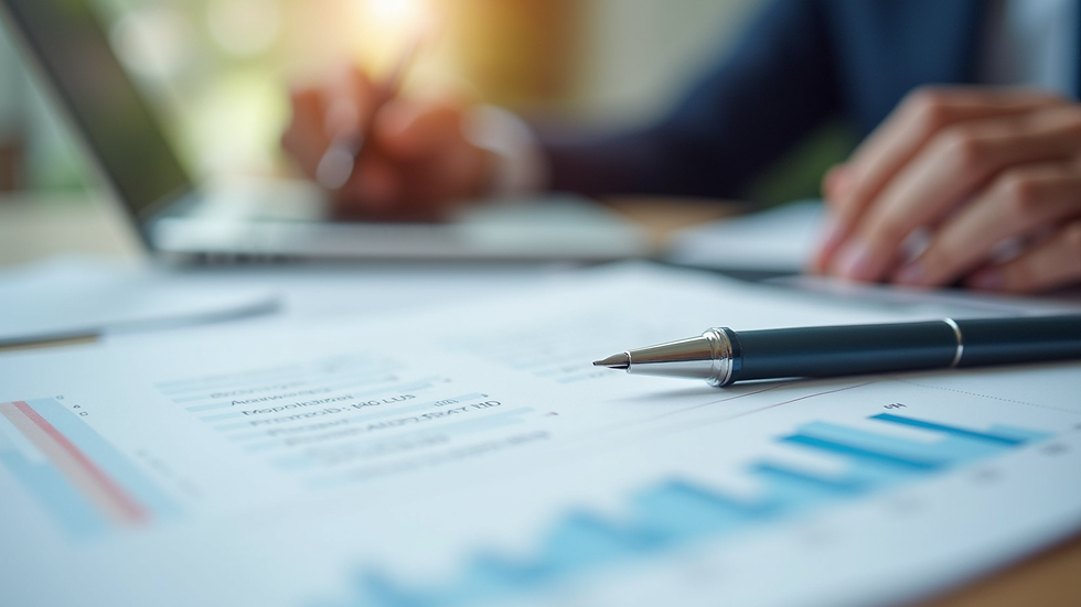 Close-up view of financial report and pen on office desk