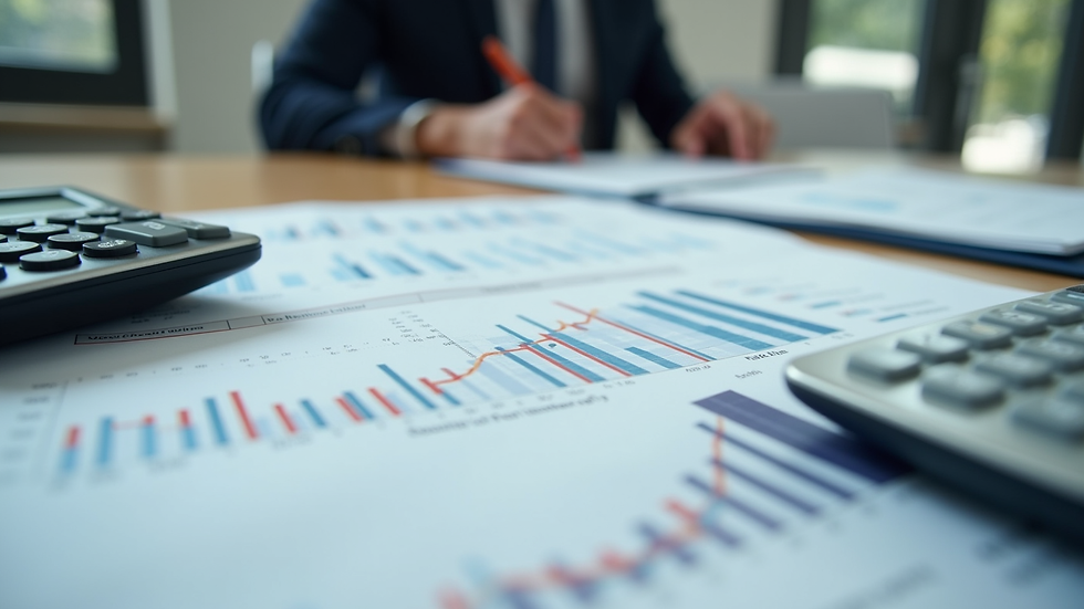 Close-up view of financial reports and calculator on a desk