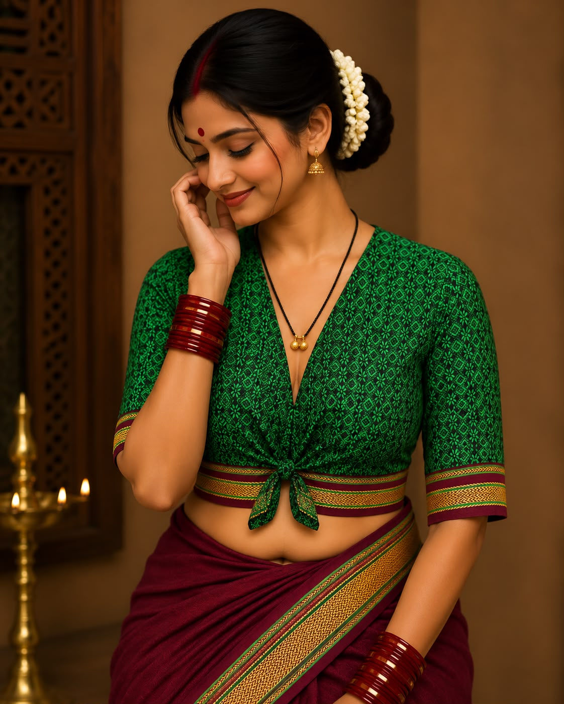 Traditional Kurpasaka- Cotton Khun Green Knotted Blouse
