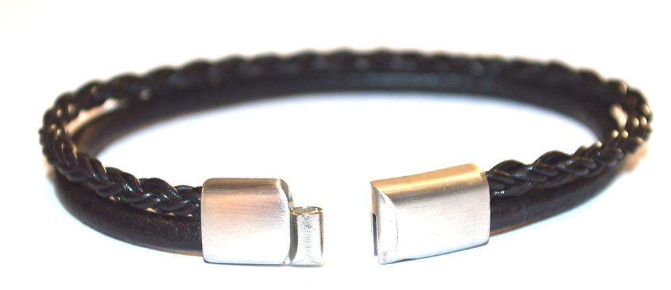 Miniature : Bracelet en cuir tressé et rond noir