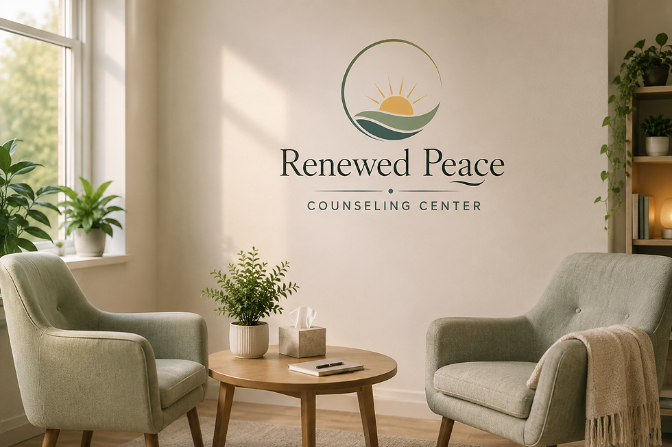 Renewed Peace Counseling Center logo in a therapy room