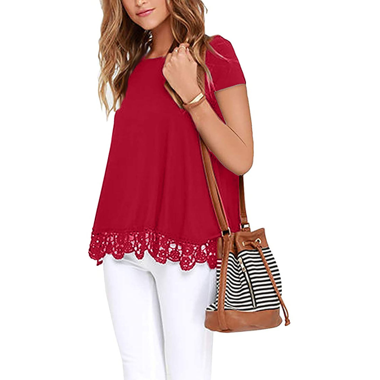 Women’s Casual Short Sleeve Lace Patchwork Tunic Top