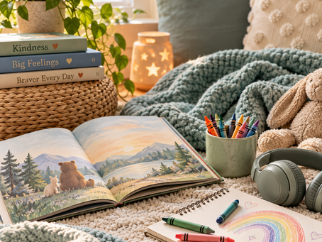 A cozy, quiet space with children's books, art supplies and soft blankets, representing meaningful family connection without words.