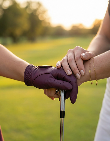 Close-up of a woman's hands gripping a golf club mid-swing