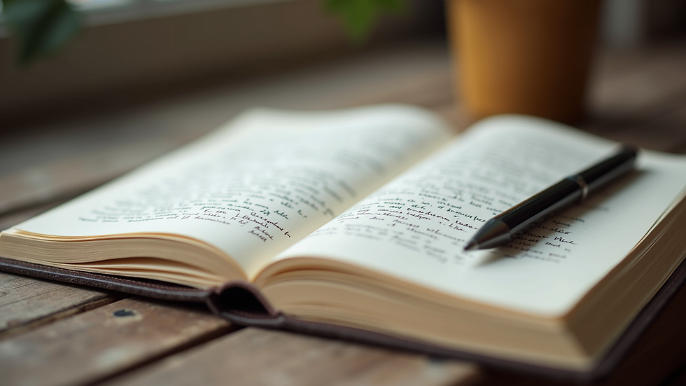 Eye-level view of an open notebook with handwritten poetry and a pen