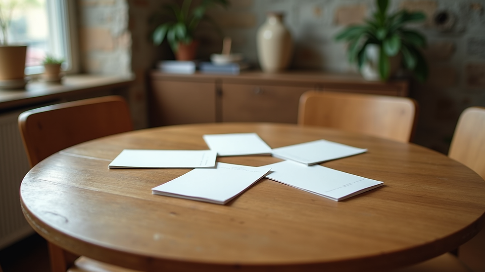 Vue en plongée d'une table ronde avec plusieurs cartes poétiques Prosia dispersées au centre