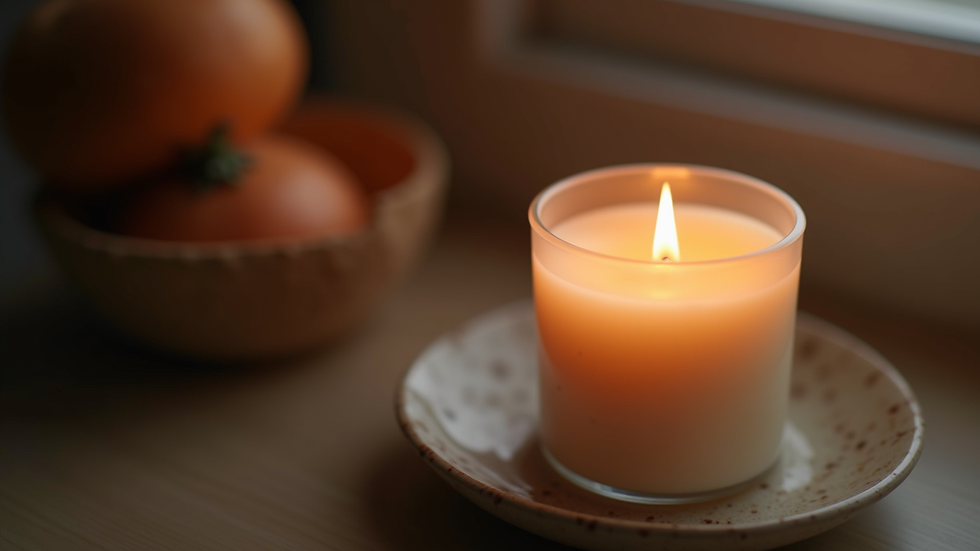 Close-up view of a lit scented candle with soft glowing light
