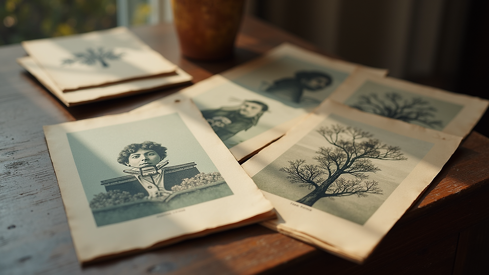 Vue en plongée d'une collection de cartes poétiques rares étalées sur une table