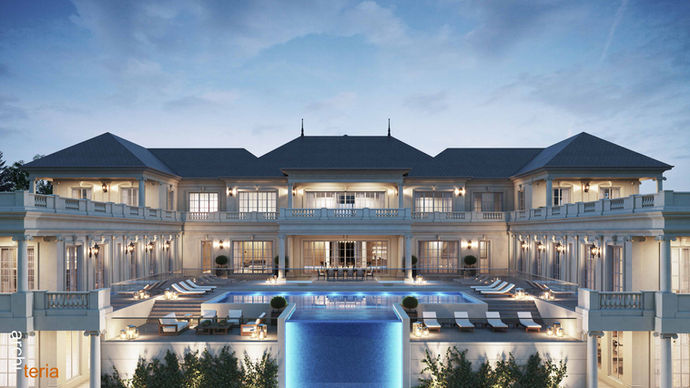 This mega luxurious classical mansion on 20 acres in Melbourne has over 6000sqm of built-up area and living spaces. In a true “Great Gatsby” style, the grand staircase gives away what to expect in terms of quality, yet it surprises with the design features, the opulence and grandeur. With perfectly designed spaces, from floor to ceiling, this mansion is nothing short of breathtaking luxury. One of the biggest residential homes in Australia, it manages to stay as inviting as it is stately.
The mansion has a double volume state of the art library with a spiral staircase and fireplace, with a connecting office, transporting you back to a bygone era of old English country homes. Entertaining is made easy in this home with games rooms, billiard, bowling, home cinema, cards room, wine cellars reminiscent of a Tuscan treasure trove, a health wing dedicated to wellbeing and a fifteen-car garage, found only in an imaginary James Bond movie with vaulted venetian plaster ceilings. With a landscape to match, the outdoor entertaining with teppanyaki grill and a lazy river turns the mansion into a resort.