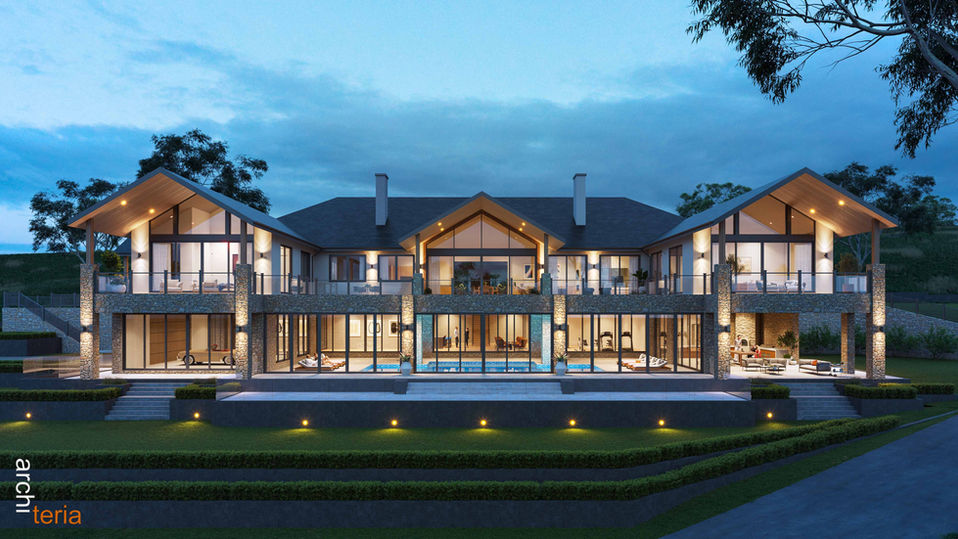The Modern farmhouse style mansion blends tradition with rustic and modern design elements. The 2000sqm two-storey dream home sits on a 20 acre site in Belgrave South.
The mansion integrates the large steel windows with earthy brick and rustic timber with a soft render throughout to ensure a homely feel and timeless look. The floor plan has been designed to be open and airy with central living and kitchen spaces to accommodate family and friends. With room for a display garage, oversized windows to create the seamlessness between the indoors and outdoors and capture the acre views, it is not short of any comfort. The slate roof adds timelessness and status and compliments the stone cladding.