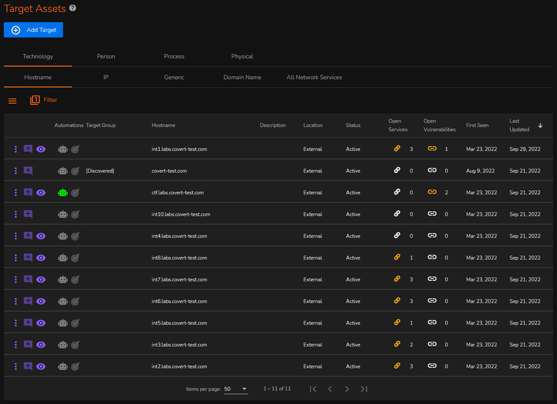 Hostname technology assets view