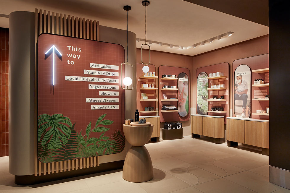 wellness center with muted tones and retail shelves