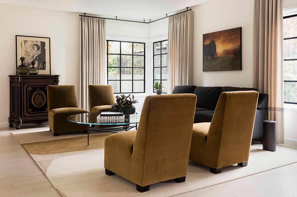 Residential interior design velvet chairs and neutral seating area by Donna DuFresne