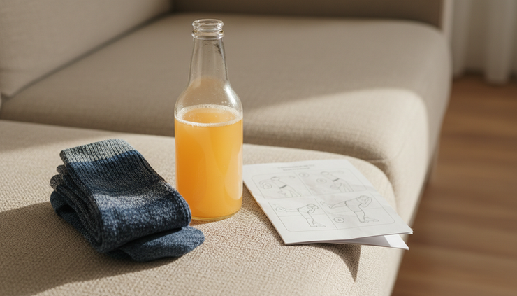 Close-up view of compression socks, electrolyte drink, and a folded exercise plan on a sofa.