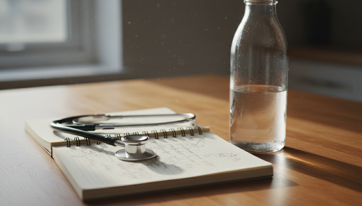 Close-up view of a stethoscope beside a handwritten symptom journal and a water bottle.