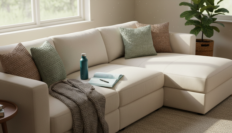 Wide-angle view of a comfortable couch with water, a blanket, and a symptom journal nearby.