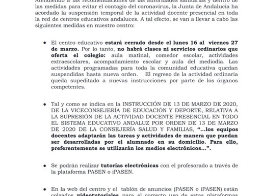 Medidas para la situación excepcional por Coronavirus