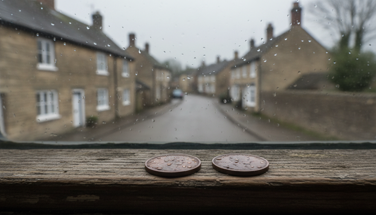 Close-up view of two copper coins on a rain-speckled windowsill.