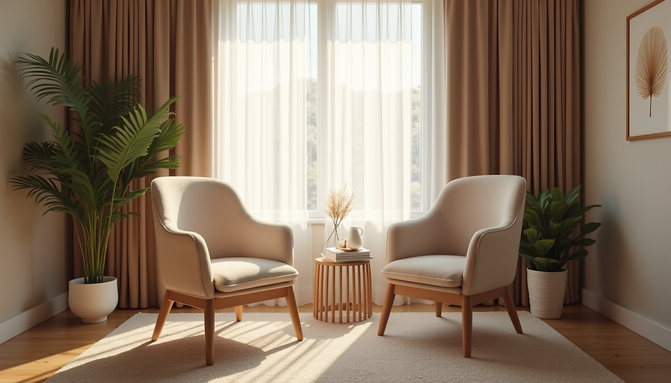 A brightly lit, neutral-toned counselling room featuring two cream-colored upholstered armchairs with wooden legs facing each other on a textured rug. Between them sits a small, round slatted wooden side table holding a small ceramic pitcher and books. The background shows a large window with sheer white curtains and heavy beige drapes, flanked by a tall potted palm plant on the left and a leafy green plant on the right.