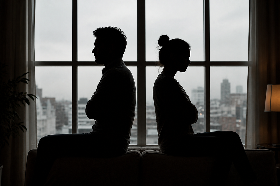 Silhouetted couple sits back-to-back on a couch in front of a city window. Mood is tense. Overcast sky outside, warm lamp light inside.