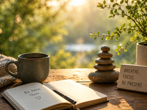 Mindfulness-inspired still life featuring a journal, warm cup of tea, stacked stones, soft blanket, and potted plant on a wooden table in golden sunlight, symbolizing present moment awareness, calm, focus, and emotional wellbeing.