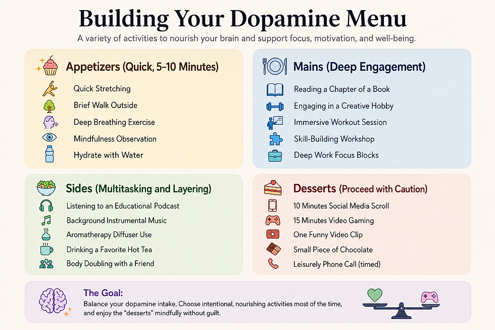 Infographic titled Building Your Dopamine Menu with four pastel sections listing healthy activities and cautions, plus goal at bottom.