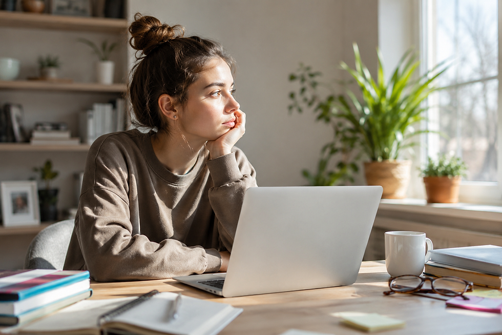 A young woman sits at a desk with an open laptop, appearing distracted and deep in thought while looking out a sunlit window. Books, notes, and a coffee mug surround her in a bright home workspace, illustrating ADHD paralysis, executive dysfunction, and difficulty focusing on tasks.