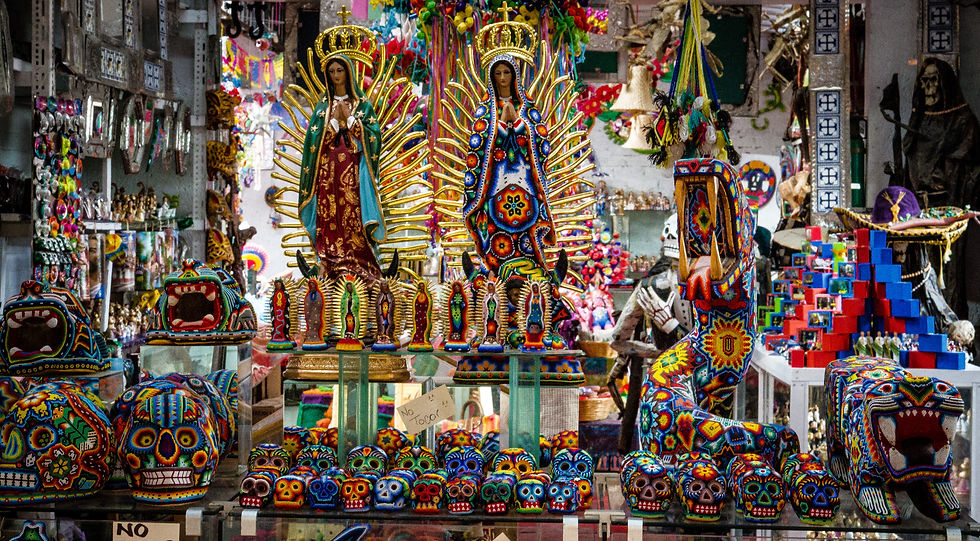 Handicrafts displayed at La Ciudadela Artisan Market in Mexico City.