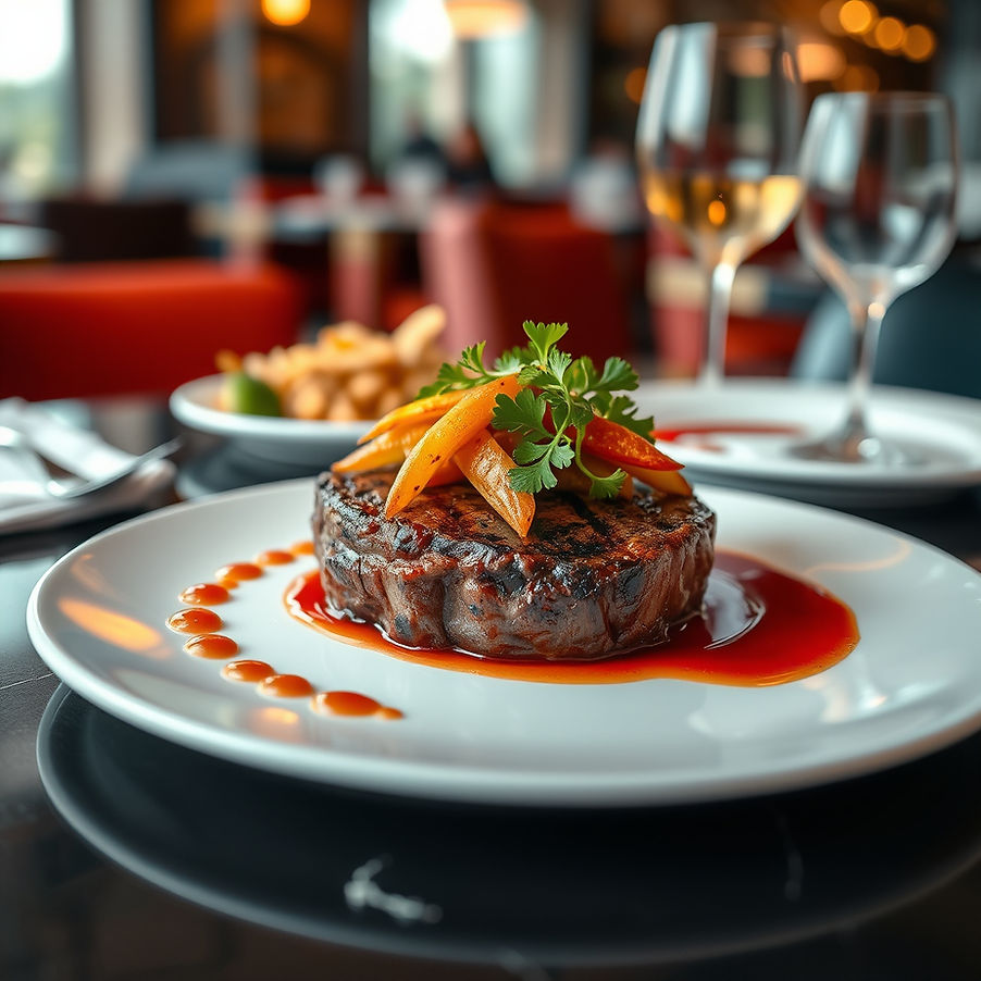 Premium plated steakl with vagetables and sauce, modern fine dining style, artistic presen