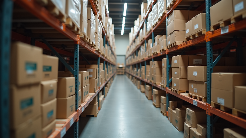 Eye-level view of organized warehouse shelves with labeled boxes