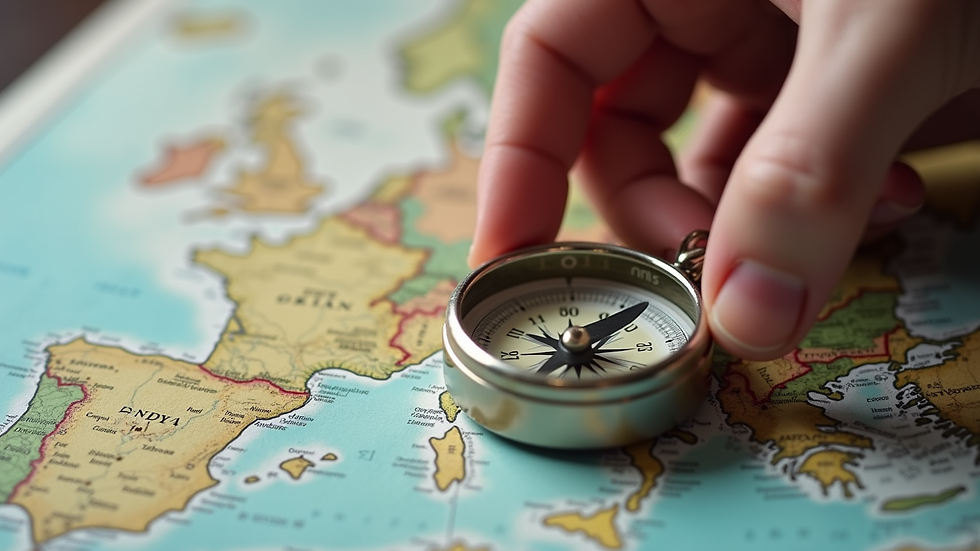 Close-up view of a hand holding a compass on a map, symbolizing navigation through change