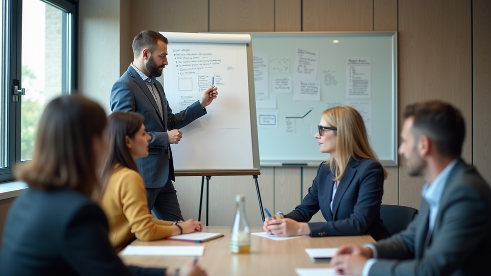 Seitliche Nahaufnahme eines Führungskräfte-Coachings mit Flipchart und Notizen