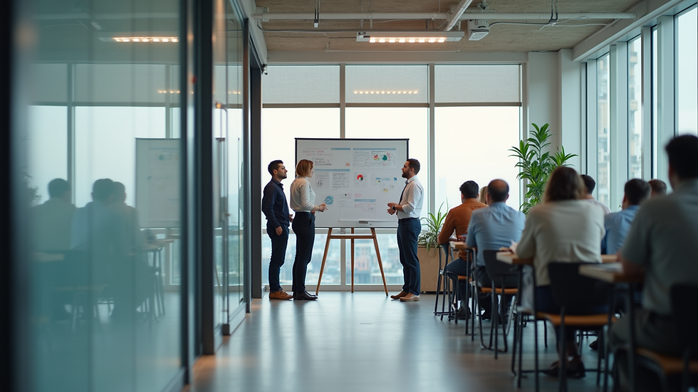 Eye-level view of a modern office space with a team brainstorming around a whiteboard