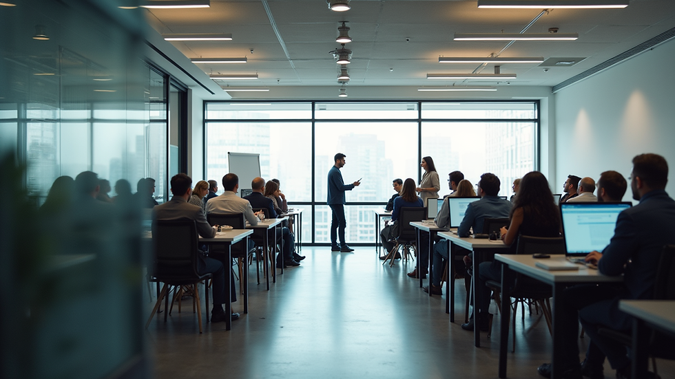 Eye-level view of a modern office space with brainstorming session