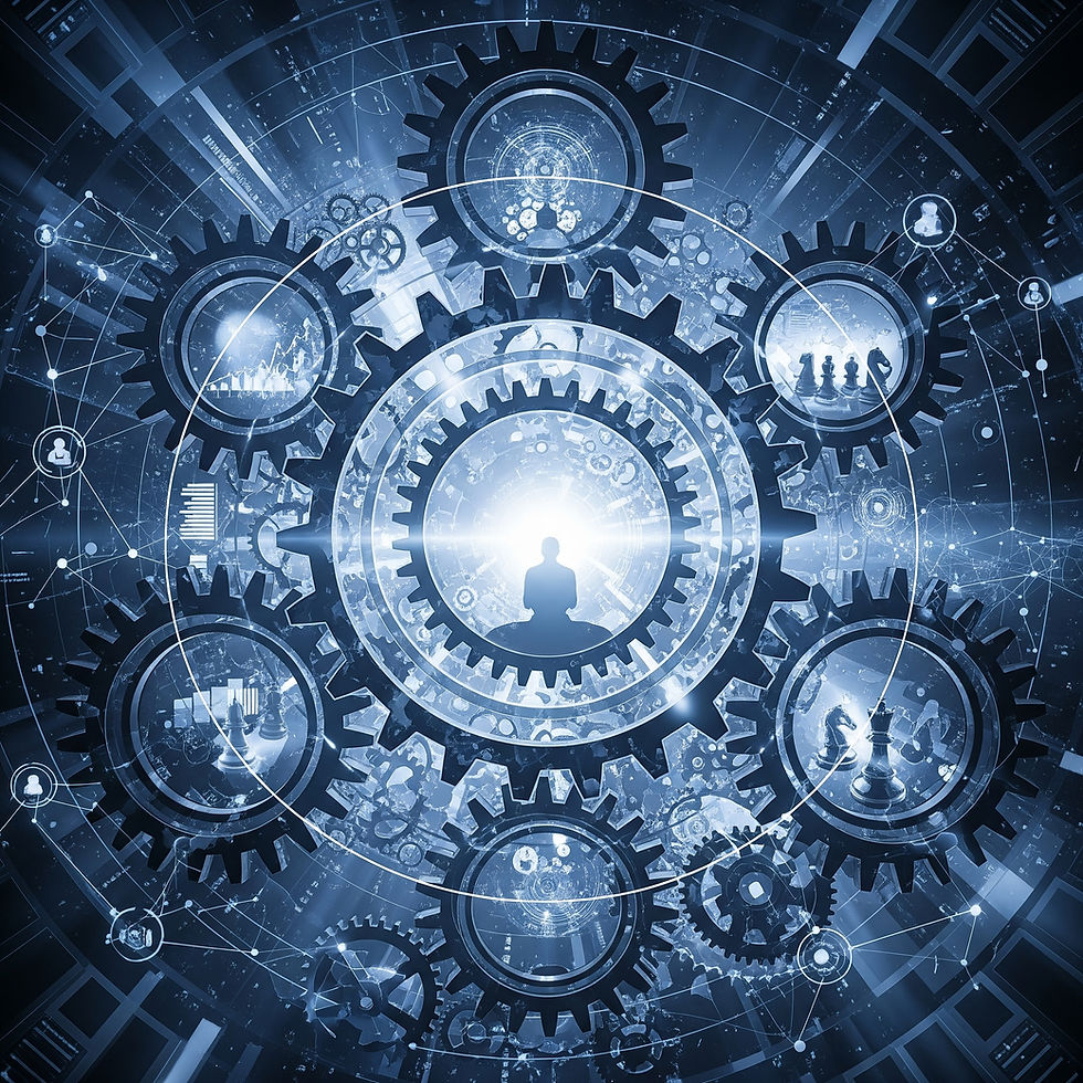 An abstract image showing interconnected gears and glowing networks, with a central meditating figure and subtle icons representing self-mastery, business strategy (chess pieces, charts), and relationships (connected people icons), all symbolizing the comprehensive nature of second-order thinking for executive leadership.