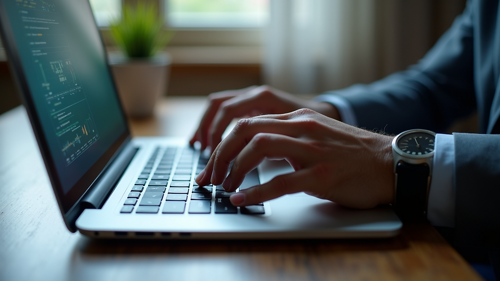 Eye-level view of a digital marketing consultant analysing social media data on a laptop