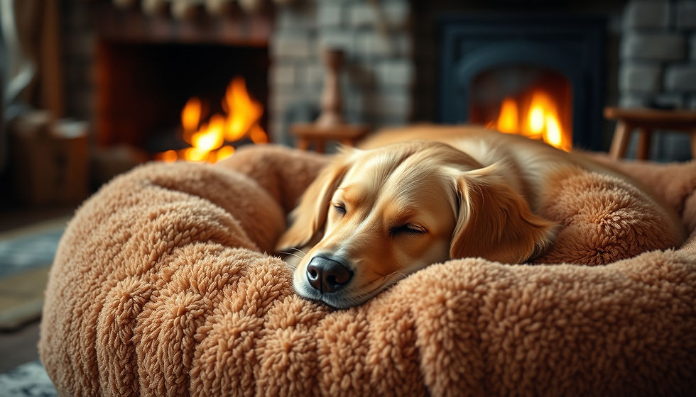 A puppy with blue eyes peeks out from a wooden doghouse covered in snow, nestled in a cozy beige blanket, set in a snowy landscape.