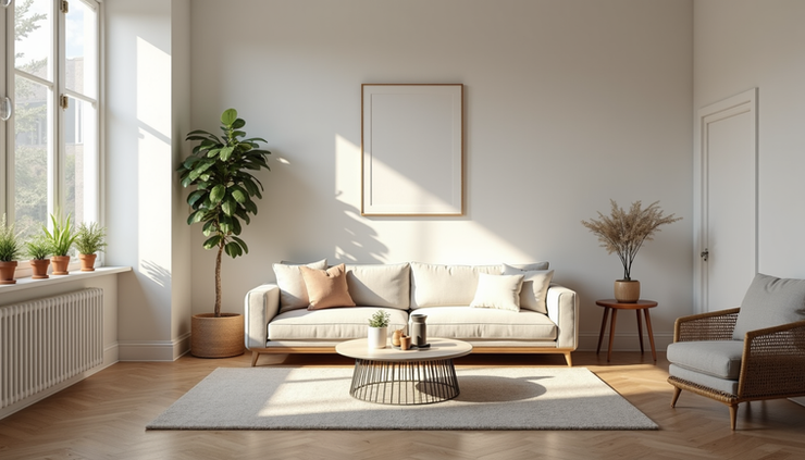 Eye-level view of a clean and organized San Francisco living room with natural light