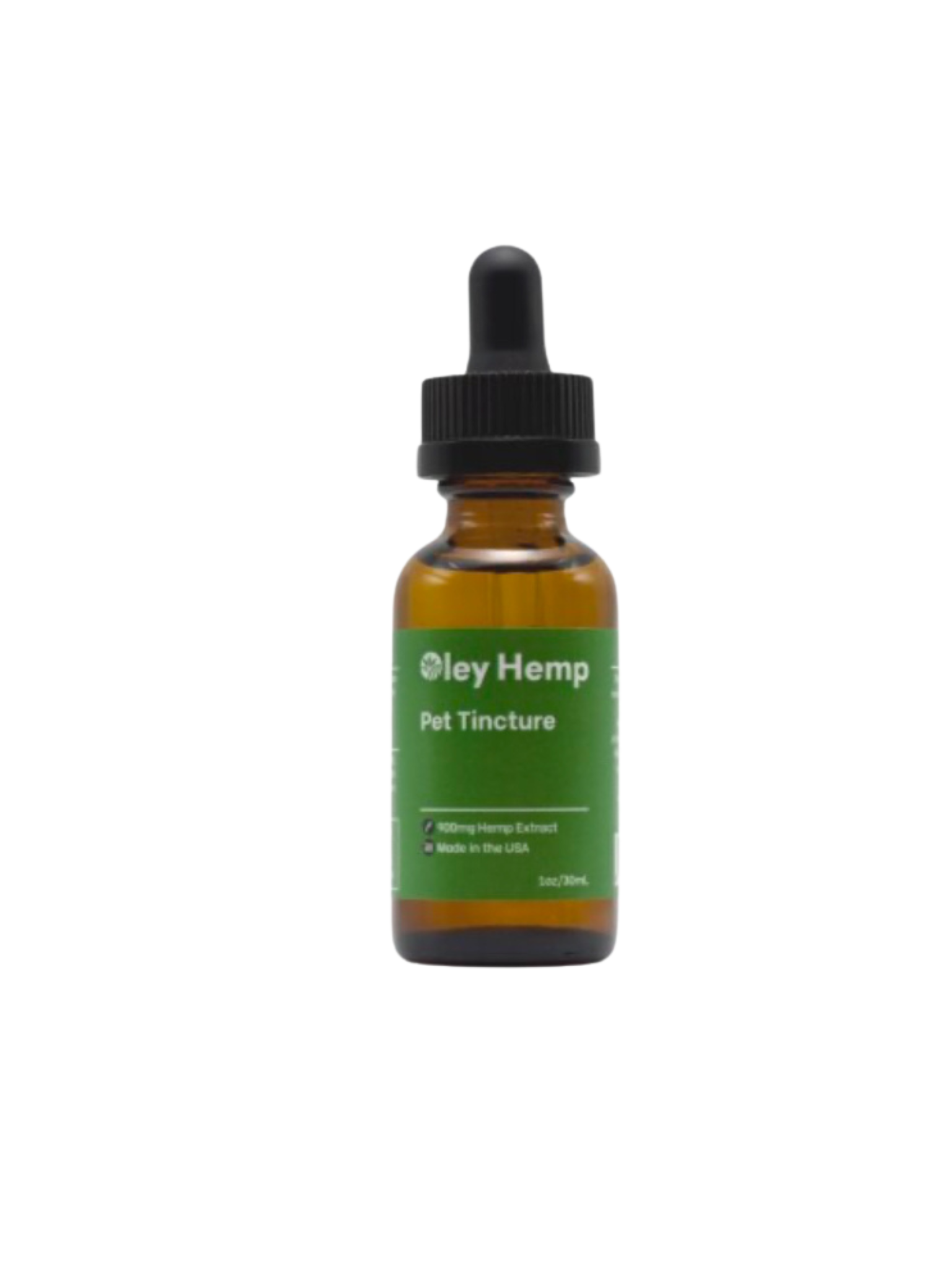 Oley pet tincture in amber dropper bottle with green label