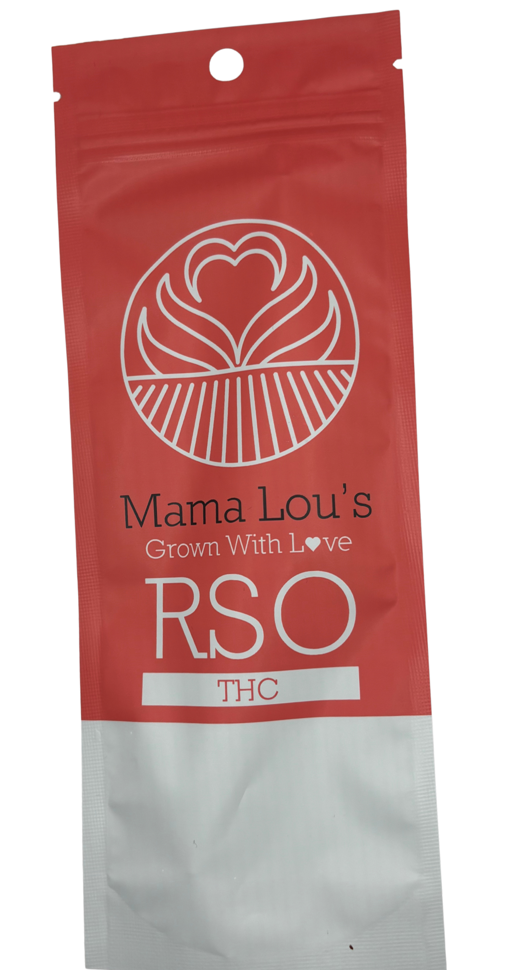 Mama Lou’s RSO THC cannabis extract packaging in red pouch
