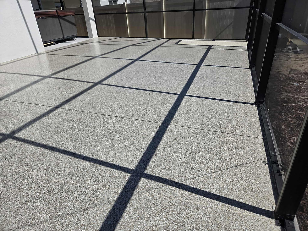 Sand Fossil Polyaspartic Patio and Lanai Flooring in Central Florida with hot tub in background
