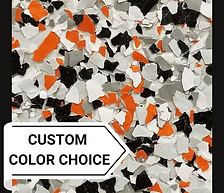 Close-up detail of Orange Chopper flakes, featuring classic Harley Davidson color elements with a bold mix of orange, black, and white for a statement floor.