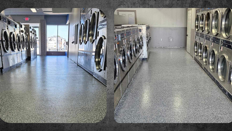 A laundromat with durable grey epoxy flooring, providing a seamless, slip-resistant, and low-maintenance surface designed to withstand heavy foot traffic, rolling carts, and moisture exposure.