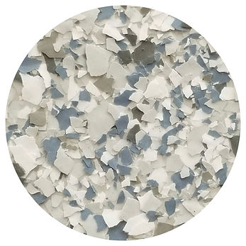 Close-up of premium polymer flakes in the Smokey Blue blend, featuring muted blues and greys.