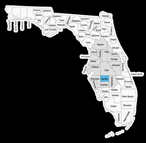Hardee county highlighted in blue and the areas we serve highlighted in a light grey