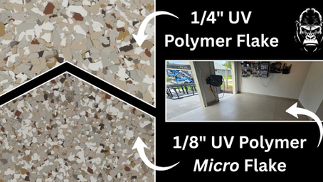 Comparison of 1/4" and 1/8" UV Polymer Flakes. Upper image shows flakes, lower shows micro flakes in a garage. A gorilla logo is present.