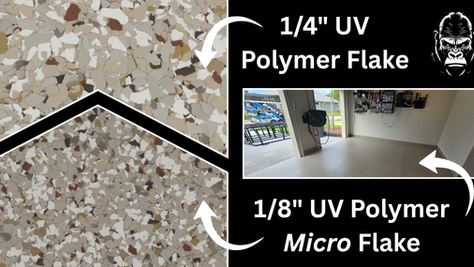 Comparison of 1/4" and 1/8" UV Polymer Flakes. Upper image shows flakes, lower shows micro flakes in a garage. A gorilla logo is present.