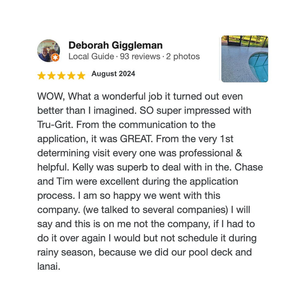 Customer review highlighting a seamless pool deck transformation with our durable, slip-resistant coating.
