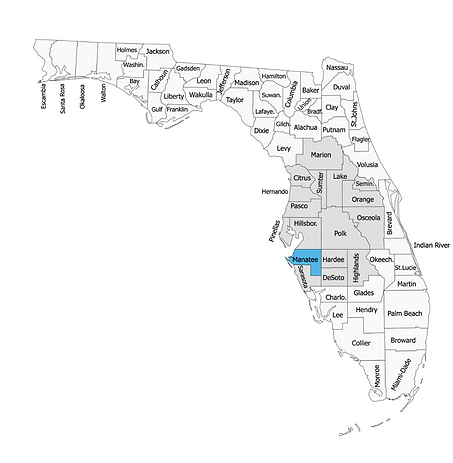 Manatee county highlighted in blue and the areas we serve highlighted in a light grey